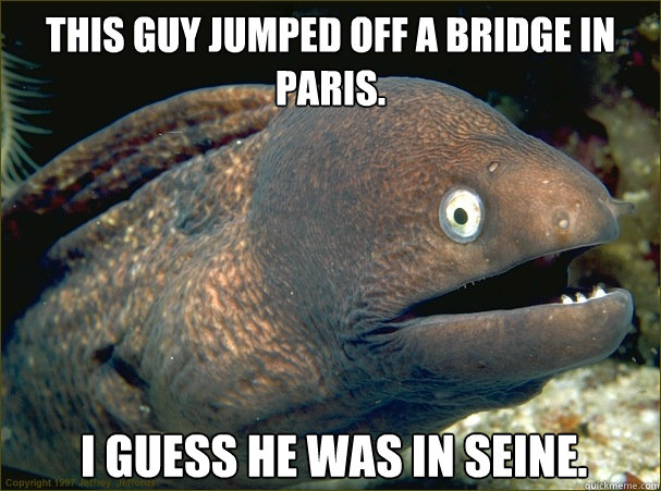 This guy jumped off a bridge in Paris.  I guess he was in Seine.  Bad Joke Eel