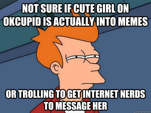 Not sure if cute girl on OkCupid is actually into memes Or trolling to get internet nerds to message her  Futurama Fry