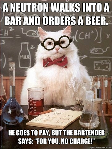 A neutron walks into a bar and orders a beer.  He goes to pay, but the bartender says: “For you, no charge!”  Chemistry Cat