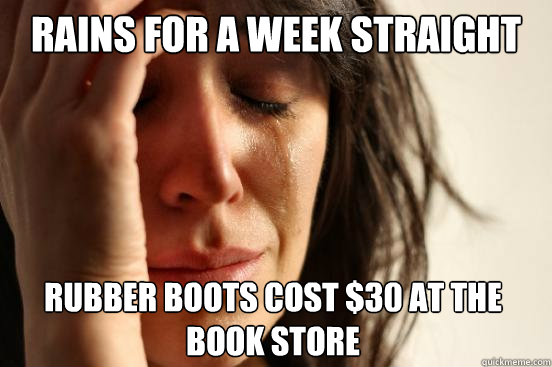 Rains for a week straight Rubber boots cost $30 at the book store   First World Problems