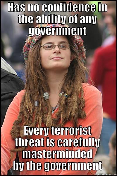 HAS NO CONFIDENCE IN THE ABILITY OF ANY GOVERNMENT EVERY TERRORIST THREAT IS CAREFULLY MASTERMINDED BY THE GOVERNMENT College Liberal