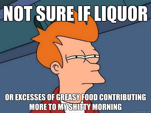 Not sure if liquor Or excesses of greasy food contributing more to my shitty morning - Not sure if liquor Or excesses of greasy food contributing more to my shitty morning  Futurama Fry