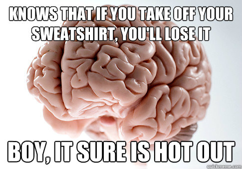 Knows that if you take off your sweatshirt, you'll lose it Boy, it sure is hot out  Scumbag Brain