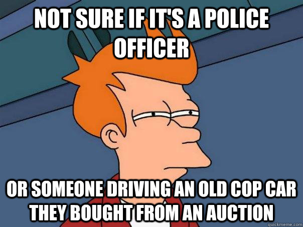 Not sure if it's a police officer or someone driving an old cop car they bought from an auction  Futurama Fry