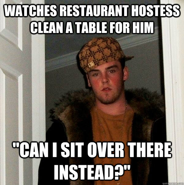 watches restaurant hostess clean a table for him 