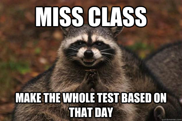 miss class make the whole test based on that day  Evil Plotting Raccoon