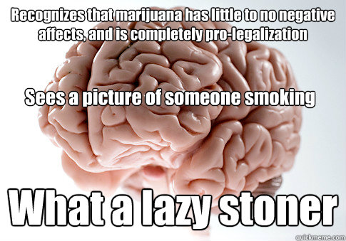 Recognizes that marijuana has little to no negative affects, and is completely pro-legalization What a lazy stoner Sees a picture of someone smoking - Recognizes that marijuana has little to no negative affects, and is completely pro-legalization What a lazy stoner Sees a picture of someone smoking  Scumbag Brain