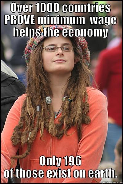 Doesn't know geography - OVER 1000 COUNTRIES PROVE MINIMUM  WAGE HELPS THE ECONOMY ONLY 196 OF THOSE EXIST ON EARTH. College Liberal