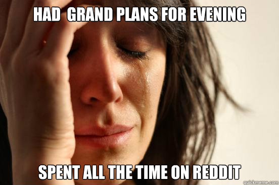 HAD  GRAND PLANS FOR EVENING Spent ALL THE tIME ON REDDIT  First World Problems