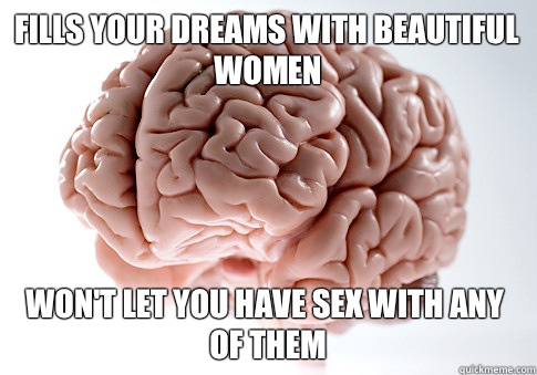 Fills your dreams with beautiful women Won't let you have sex with any of them  Scumbag Brain