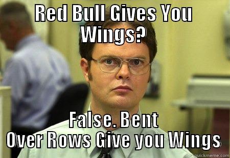 RED BULL GIVES YOU WINGS? FALSE. BENT OVER ROWS GIVE YOU WINGS Schrute