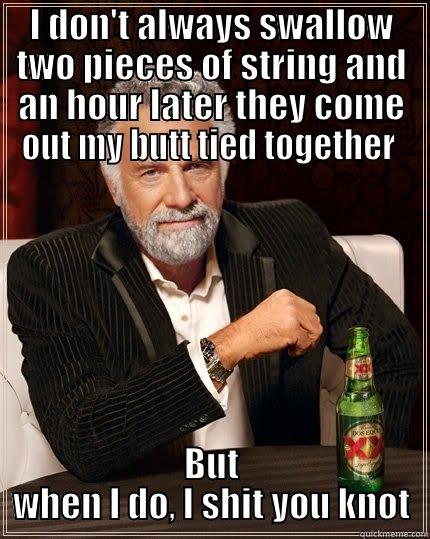 shit you knot - I DON'T ALWAYS SWALLOW TWO PIECES OF STRING AND AN HOUR LATER THEY COME OUT MY BUTT TIED TOGETHER  BUT WHEN I DO, I SHIT YOU KNOT The Most Interesting Man In The World