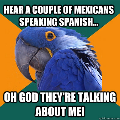 Hear a couple of Mexicans speaking spanish... OH GOD THEY'RE TALKING ABOUT ME!  Paranoid Parrot