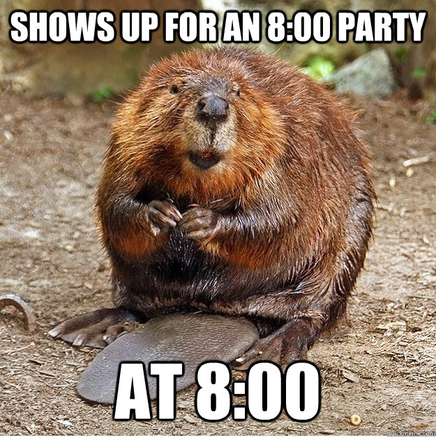 Shows up for an 8:00 party At 8:00 - Shows up for an 8:00 party At 8:00  Eager Beaver