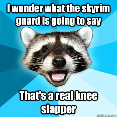 I wonder what the skyrim guard is going to say That's a real knee slapper - I wonder what the skyrim guard is going to say That's a real knee slapper  Lame Pun Coon