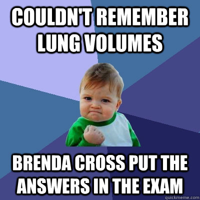 Couldn't remember lung volumes Brenda Cross put the answers in the exam  Success Kid