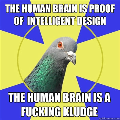 The human brain is proof of  intelligent design The human brain is a fucking kludge  Religion Pigeon