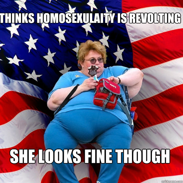 thinks homosexulaity is revolting she looks fine though - thinks homosexulaity is revolting she looks fine though  Asinine American fat obese red state republican lady meme