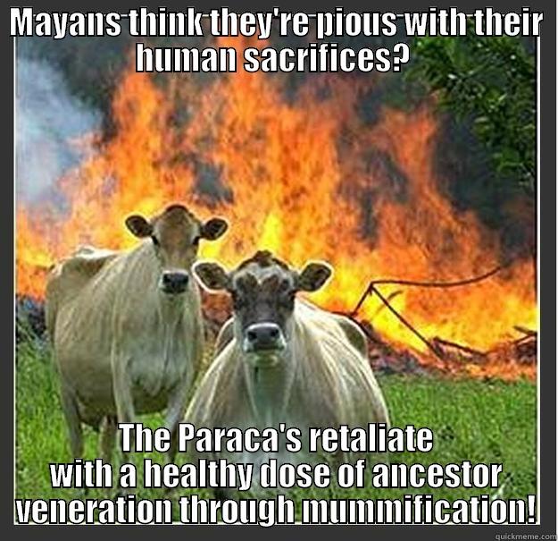 MAYANS THINK THEY'RE PIOUS WITH THEIR HUMAN SACRIFICES?  THE PARACA'S RETALIATE WITH A HEALTHY DOSE OF ANCESTOR VENERATION THROUGH MUMMIFICATION! Evil cows