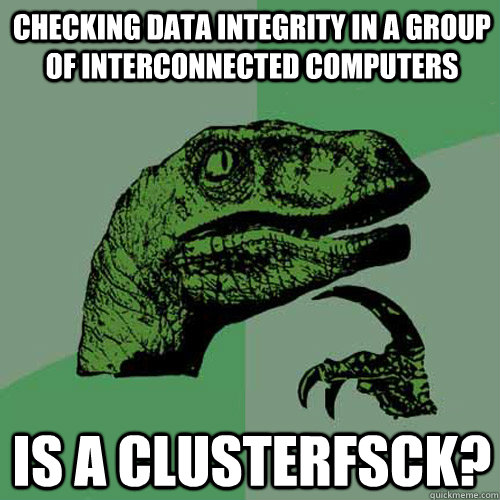 Checking data integrity in a group of interconnected computers Is a clusterfsck?  Philosoraptor