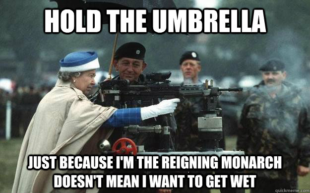 hold the umbrella just because i'm the reigning monarch doesn't mean i want to get wet  