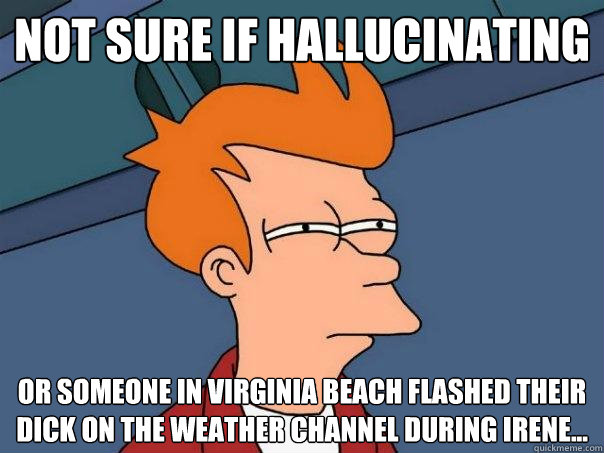 Not sure if hallucinating   Or someone in Virginia Beach flashed their Dick on the Weather Channel during Irene...  Futurama Fry