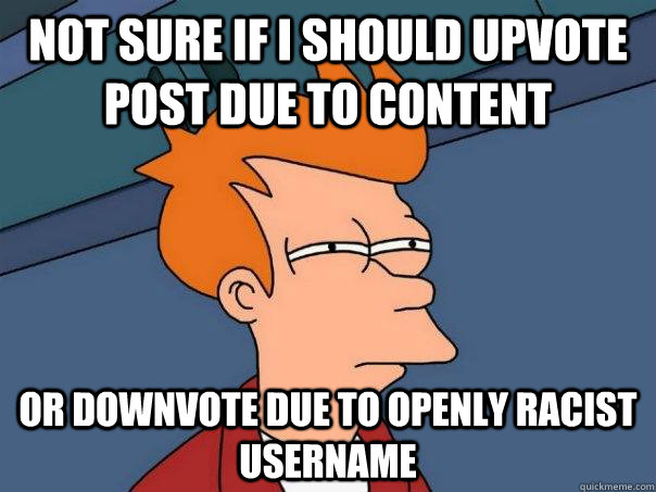 Not sure if I should upvote post due to content Or downvote due to openly racist username  Futurama Fry