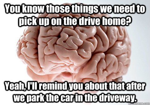 You know those things we need to pick up on the drive home? Yeah, I'll remind you about that after we park the car in the driveway. - You know those things we need to pick up on the drive home? Yeah, I'll remind you about that after we park the car in the driveway.  Scumbag Brain