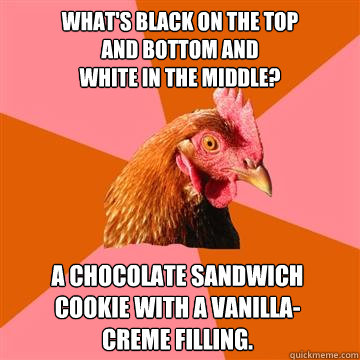 What's black on the top
and bottom and
white in the middle? A chocolate sandwich
cookie with a vanilla-
creme filling.  Anti-Joke Chicken