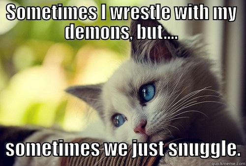 Snuggly Demons - SOMETIMES I WRESTLE WITH MY DEMONS, BUT....   SOMETIMES WE JUST SNUGGLE. First World Problems Cat