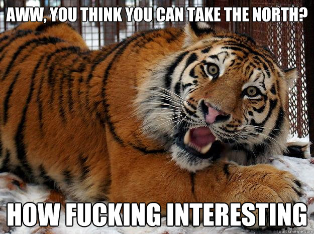 Aww, you think you can take the North? How fucking interesting  Fascinated Tiger