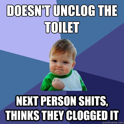 Doesn't unclog the toilet Next person shits, thinks they clogged it  Success Kid