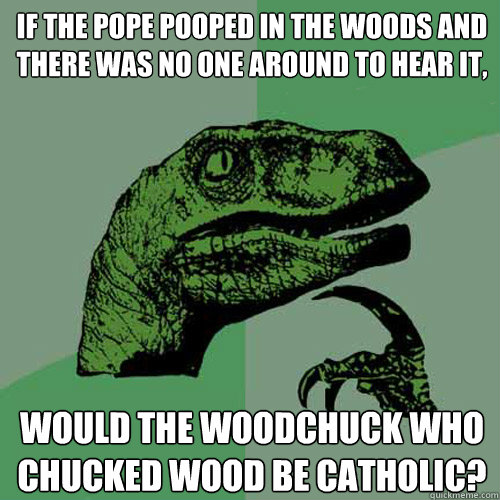 If the pope pooped in the woods and there was no one around to hear it, would the woodchuck who chucked wood be Catholic?  Philosoraptor