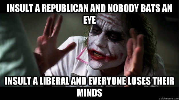 Insult a republican and nobody bats an eye Insult a liberal and everyone loses their minds  Joker Mind Loss