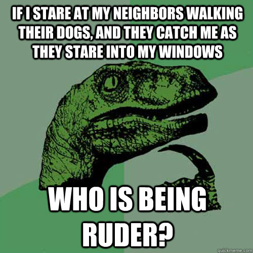 if i stare at my neighbors walking their dogs, and they catch me as they stare into my windows who is being ruder?  Philosoraptor