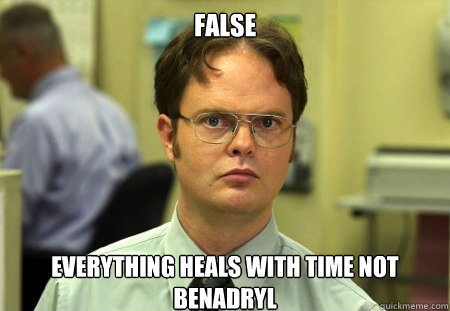 False
 Everything heals with time not benadryl   Dwight