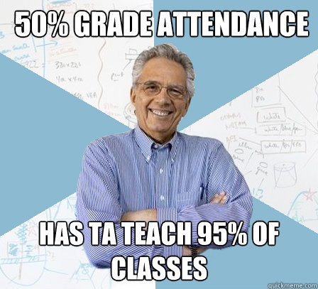  50% grade Attendance Has TA teach 95% of classes -  50% grade Attendance Has TA teach 95% of classes  Engineering Professor