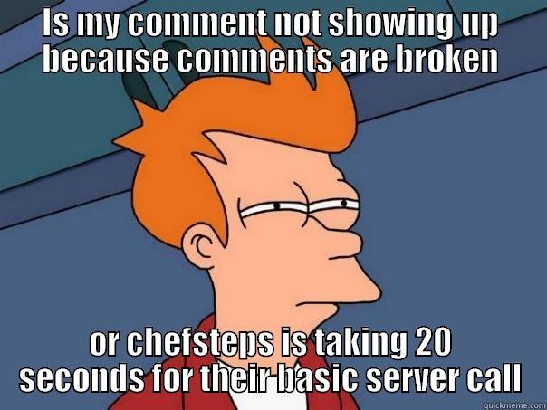 IS MY COMMENT NOT SHOWING UP BECAUSE COMMENTS ARE BROKEN OR CHEFSTEPS IS TAKING 20 SECONDS FOR THEIR BASIC SERVER CALL Futurama Fry