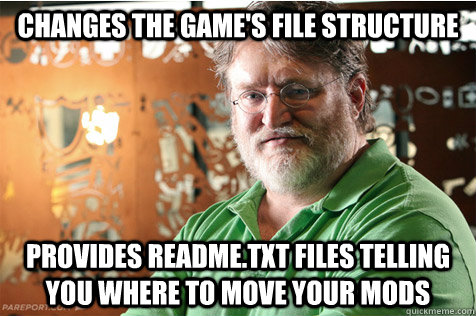 Changes the game's file structure Provides readme.txt files telling you where to move your mods  Good Guy Gabe