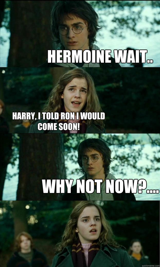 Hermoine wait.. Harry, I told Ron I would come soon! Why not now?....  Horny Harry