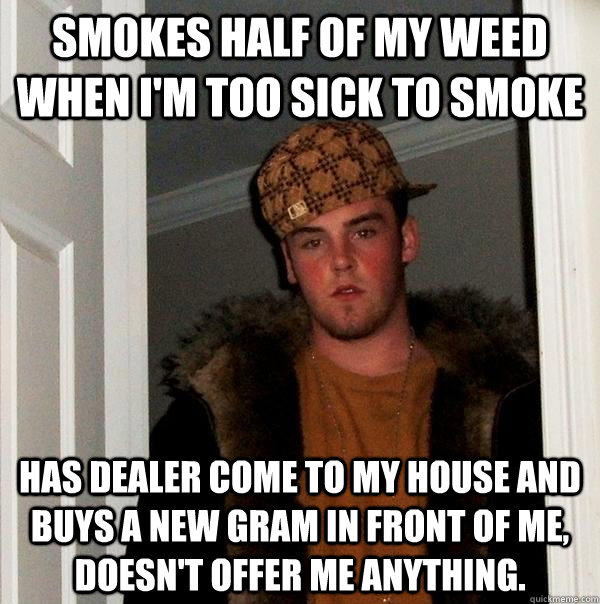 Smokes half of my weed when I'm too sick to smoke Has dealer come to my house and buys a new gram in front of me, doesn't offer me anything. - Smokes half of my weed when I'm too sick to smoke Has dealer come to my house and buys a new gram in front of me, doesn't offer me anything.  Scumbag Steve