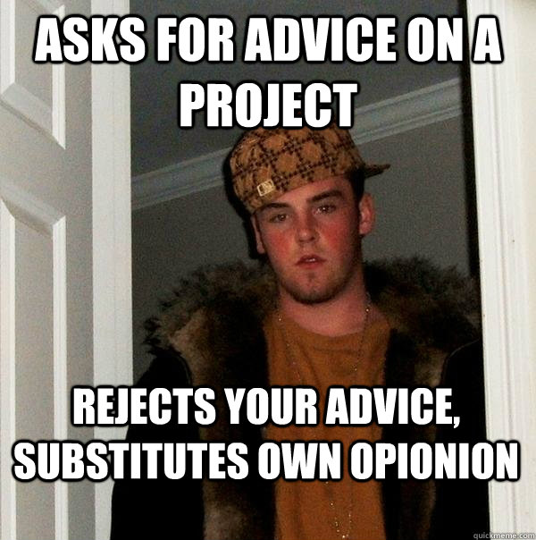 Asks for advice on a project rejects your advice, substitutes own opionion - Asks for advice on a project rejects your advice, substitutes own opionion  Scumbag Steve