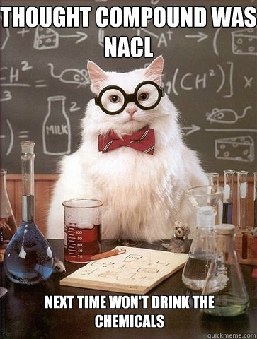 Thought compound was NaCl Next time won't drink the chemicals  Chemistry Cat