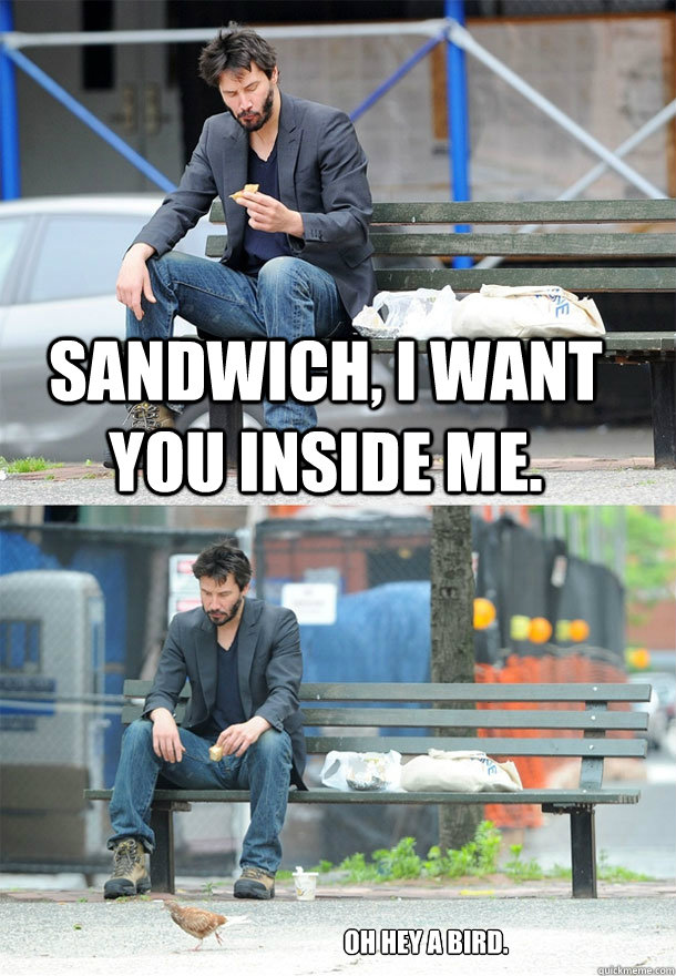 Sandwich, I want you inside me. Oh hey a bird.  Sad Keanu