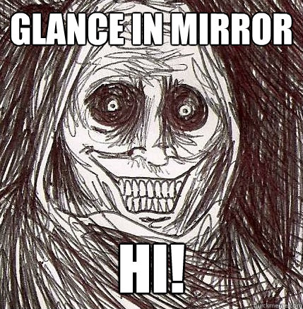 Glance in mirror Hi!  Horrifying Houseguest