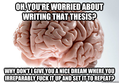 Oh, you're worried about writing that thesis? Why don't I give you a nice dream where you irreparably fuck it up and set it to repeat?  Scumbag Brain