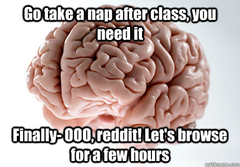 Go take a nap after class, you need it Finally- OOO, reddit! Let's browse for a few hours   Scumbag Brain