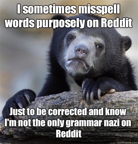 I sometimes misspell words purposely on Reddit Just to be corrected and know I'm not the only grammar nazi on Reddit  Confession Bear