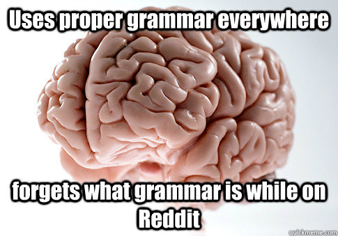 Uses proper grammar everywhere forgets what grammar is while on Reddit - Uses proper grammar everywhere forgets what grammar is while on Reddit  Scumbag Brain