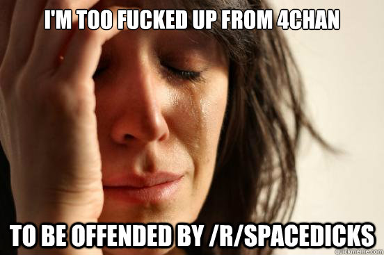 I'm too fucked up from 4chan to be offended by /r/spacedicks  First World Problems